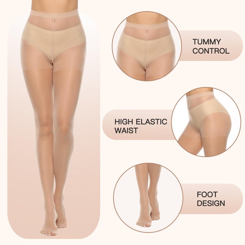 MANZI 6 Pairs 20D Women's Sheer Tights Ultra Thin High Waist Pantyhose Thigh Stockings, NudeBlack L - Image 3